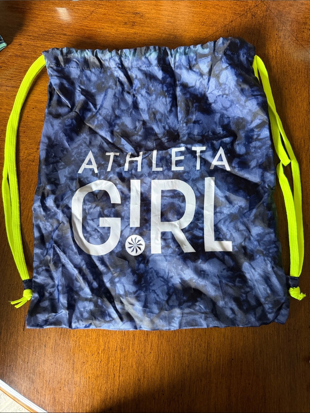 Athleta Girl Navy Tie-Dye Drawstring Backpack with Neon Yellow Cords